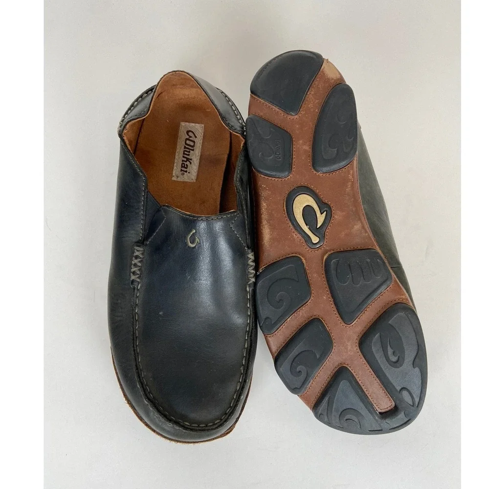 Olukai Moloa Men' Leather Drop-In Heel Loafers Slip On Shoes 10 M Black Vacation